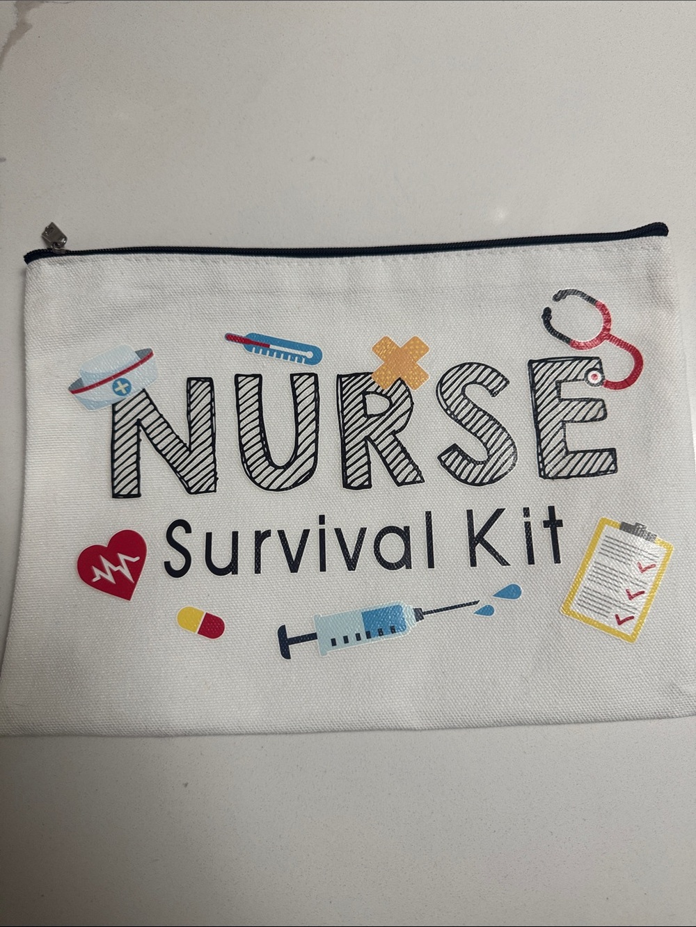 White Canvas Nurses Zip Pouch with Black Trim